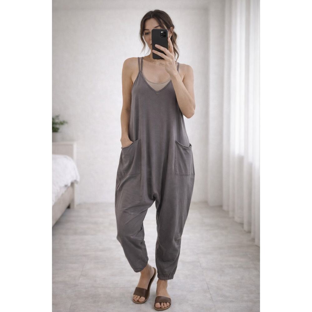 Gray Cotton Harem Jumpsuit Adjustable Straps Pockets Boho Medium